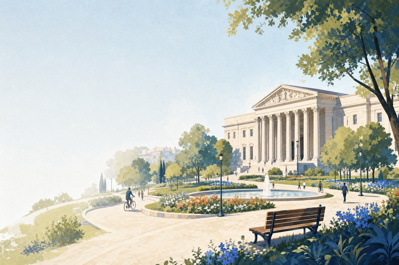 A neoclassical courthouse overlooking a sunlit public park with tree-lined paths, a fountain, flowerbeds and people walking and cycling