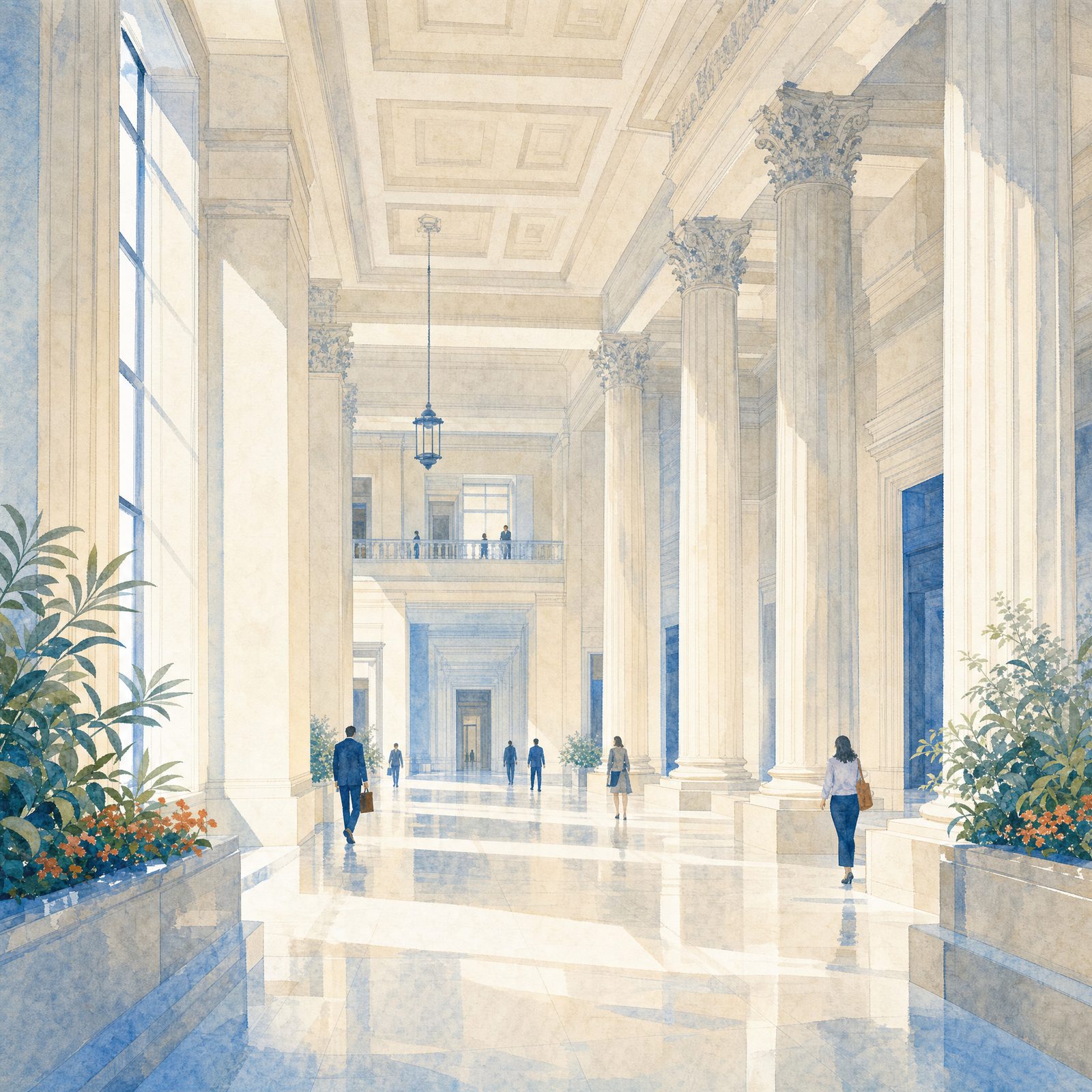 A light-filled watercolour illustration of a calm classical courthouse interior — tall columns, soft daylight from high windows, and a few small figures crossing the hall at a distance